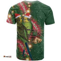 Green Budgerigars on Callistemon T Shirt Merry Christmas Aussie LT7