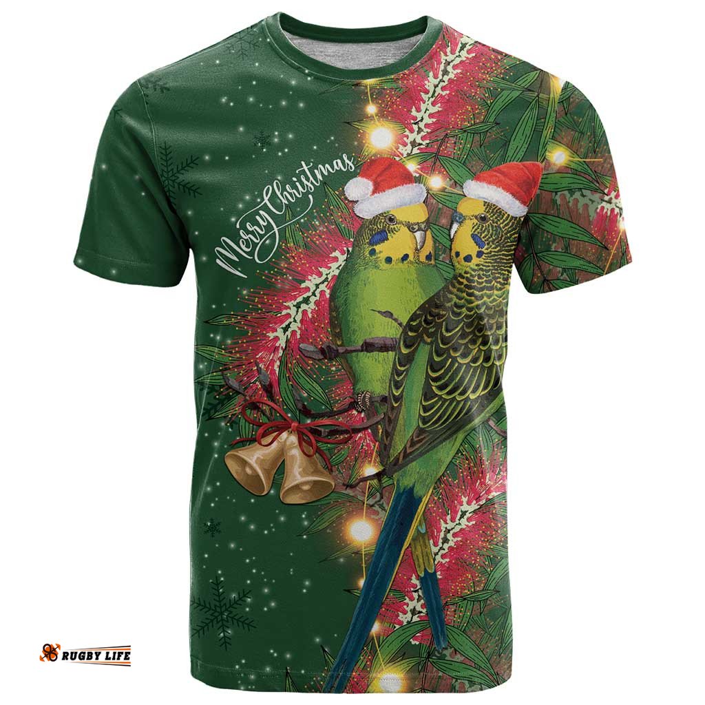 Green Budgerigars on Callistemon T Shirt Merry Christmas Aussie LT7