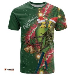 Green Budgerigars on Callistemon T Shirt Merry Christmas Aussie LT7