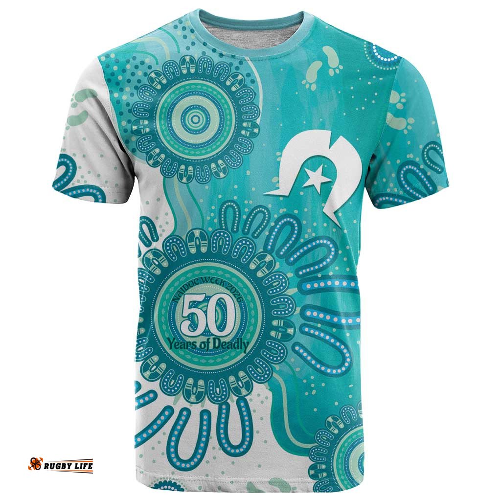 NAIDOC Week 2026 T Shirt 50 Years Deadly Dhari Cyan Aboriginal Art LT14