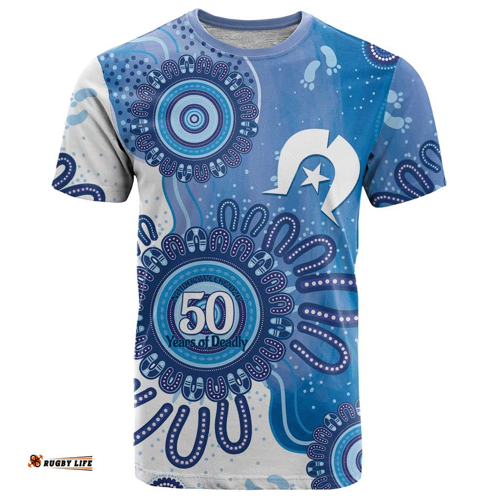 NAIDOC Week 2026 T Shirt 50 Years Deadly Dhari Blue Aboriginal Art LT14