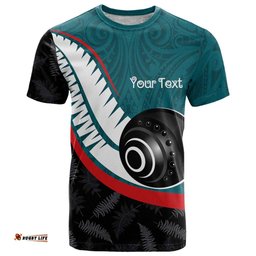 Personalised Aotearoa Lawn Bowls T Shirt Maori and Silver Fern Sporty Style Teal Color LT03