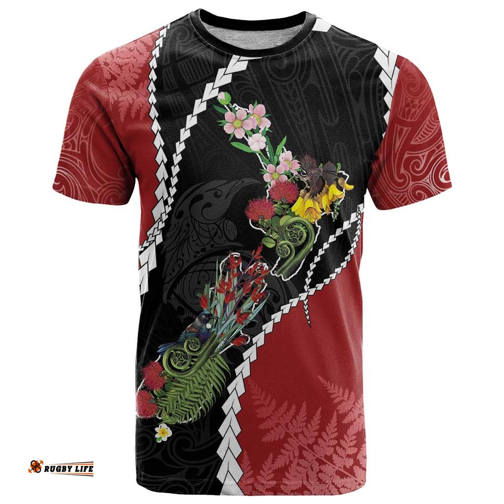 New Zealand Christmas T Shirt Flora Map with Birds LT7
