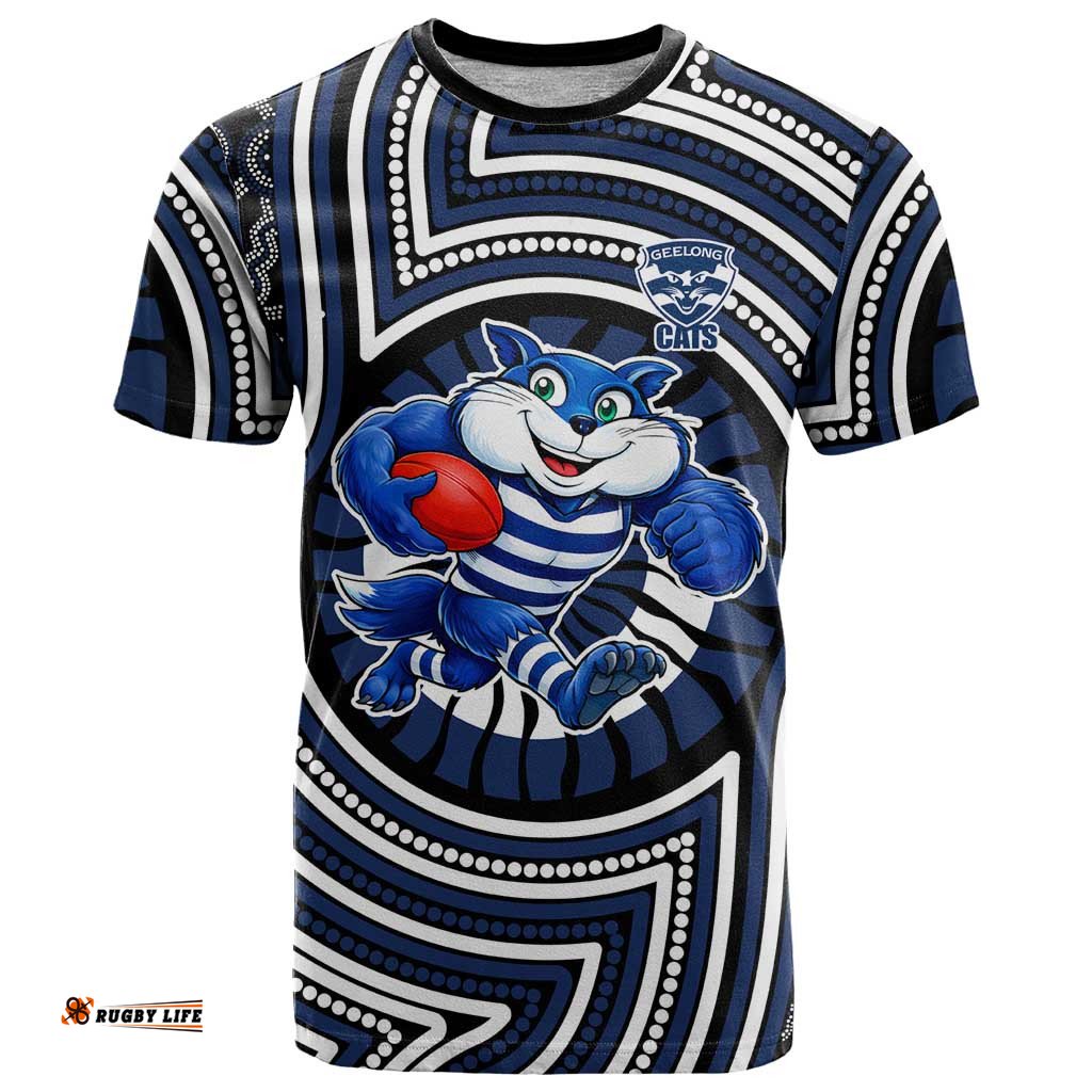 Geelong Cats T Shirt Indigenous Monochrome Dot Art Mascot Style TS04
