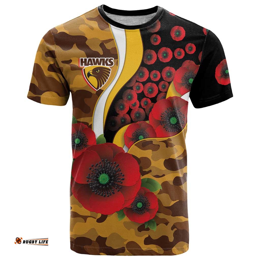 Hawthorn Hawks ANZAC Personalised T Shirt Lest We Forget Poppy Camo LT9