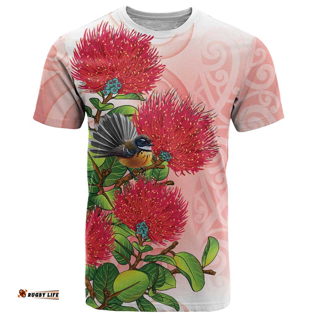 New Zealand Fantail T Shirt Maori Koru With Pohutukawa Flowers LT05