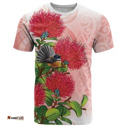 New Zealand Fantail T Shirt Maori Koru With Pohutukawa Flowers LT05