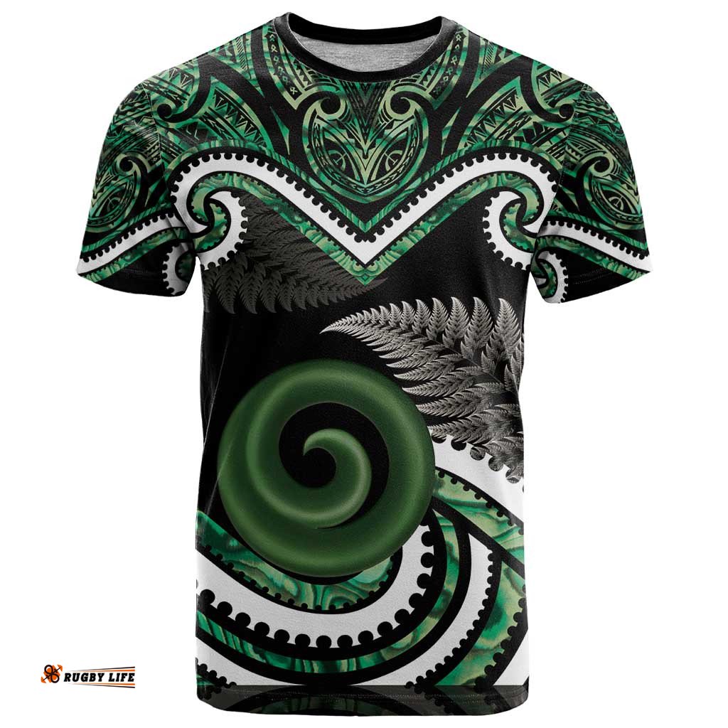 Koru Pounamu Aotearoa T Shirt Maori Paua Shell Mix Silver Fern LT14