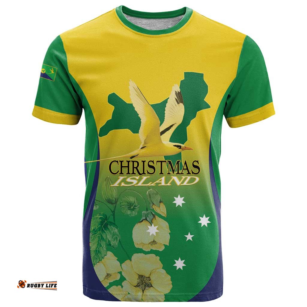 Personalised Australia Christmas Island T Shirt Golden Bosun Abutilon listeri With Map LT14