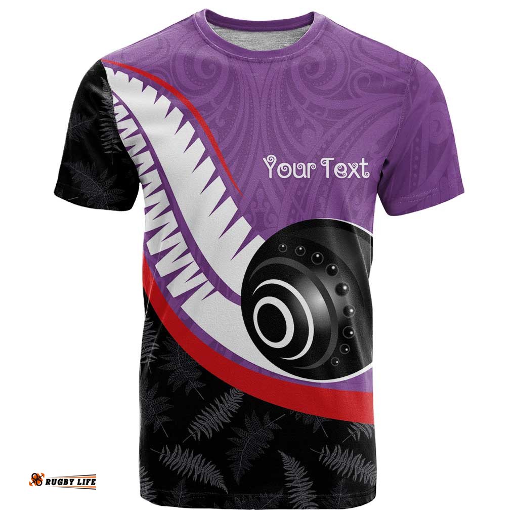 Personalised Aotearoa Lawn Bowls T Shirt Maori and Silver Fern Sporty Style Purple Color LT03
