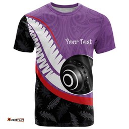 Personalised Aotearoa Lawn Bowls T Shirt Maori and Silver Fern Sporty Style Purple Color LT03