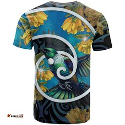 New Zealand Tui Bird T Shirt Maori Koru With Kowhai Flowers LT05
