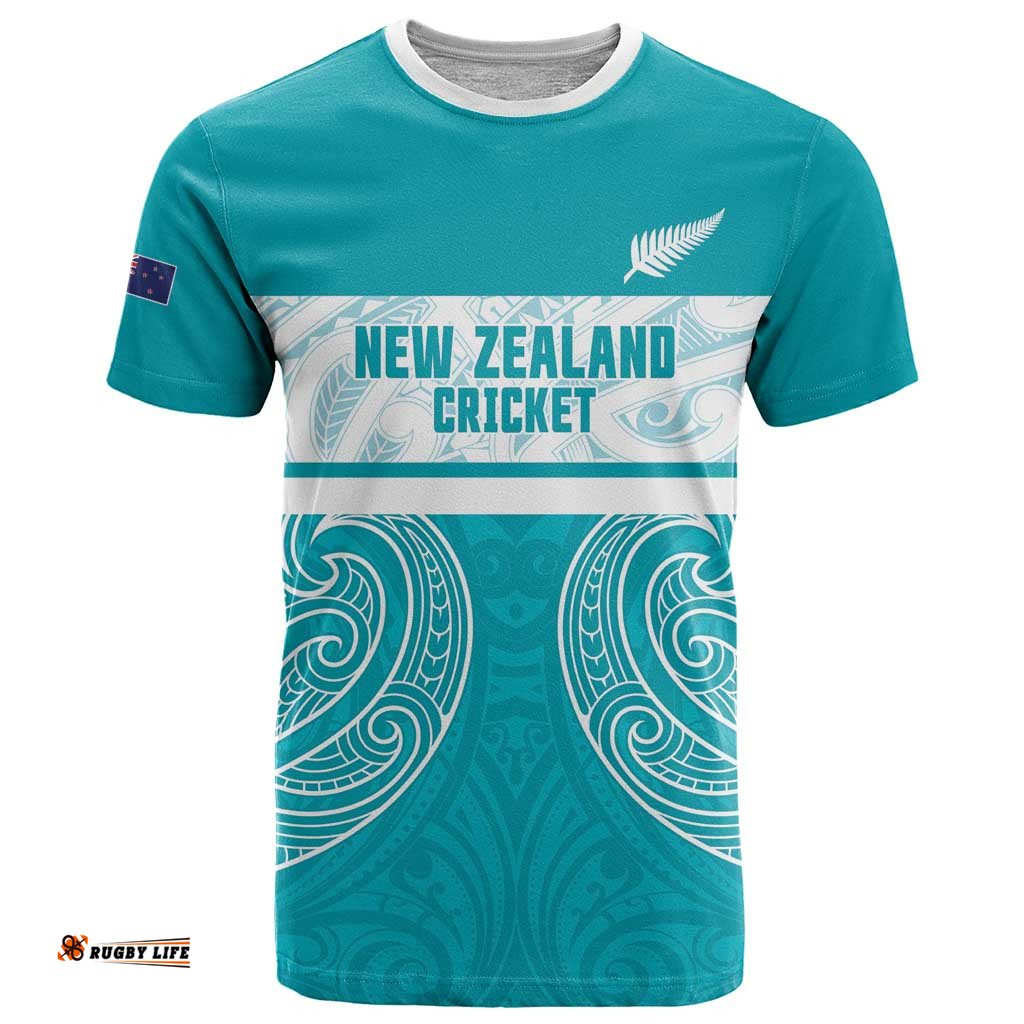 New Zealand Silver Fern Cricket Custom T Shirt Black Cap Teal Maori Pattern LT14