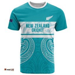 New Zealand Silver Fern Cricket Custom T Shirt Black Cap Teal Maori Pattern LT14