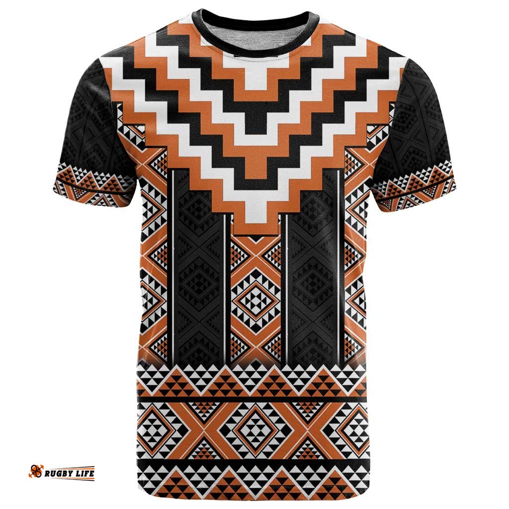 Orange Taniko Pattern Aotearoa T Shirt Niho Taniwha Mix Poutama LT14