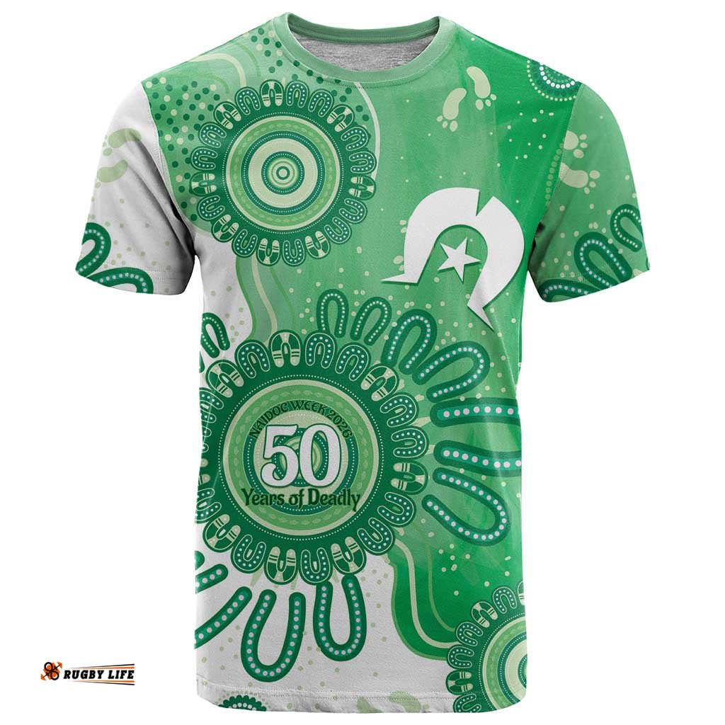 NAIDOC Week 2026 T Shirt 50 Years Deadly Dhari Green Aboriginal Art LT14