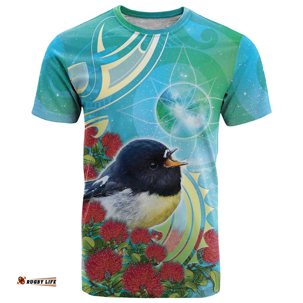 New Zealand Tomtit T Shirt Maori Koru With Pohutukawa Galaxy Style LT05