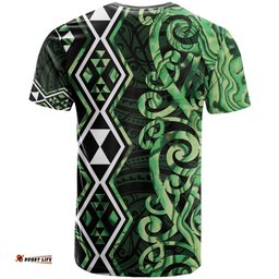 Green Aotearoa T Shirt Taniko Motifs With Paua Shell Kowhaiwhai LT14