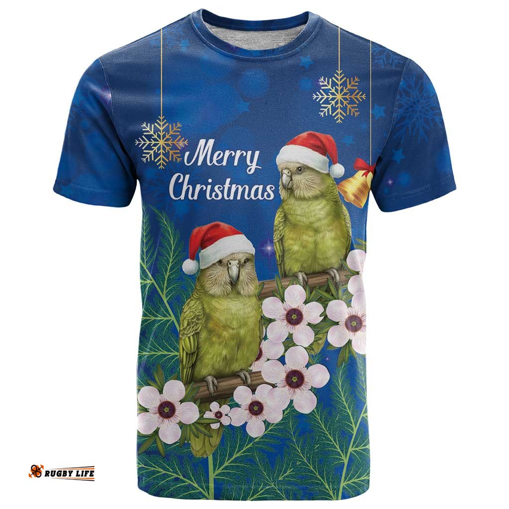 New Zealand Kakapo Christmas T Shirt Owl Parrot Santa Sliver Fern Manuka - Blue LT14