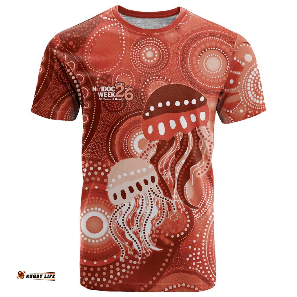 NAIDOC Deadly 50 Years T Shirt Jellyfish Aboriginal Culture Inspired Red LT9