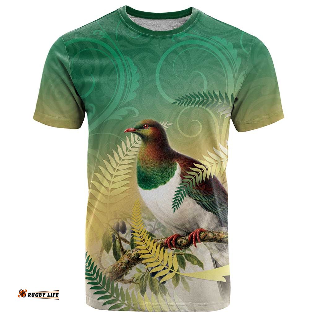 New Zealand Pigeon Kereru T Shirt Maori Fern Art Green Gradient LT05