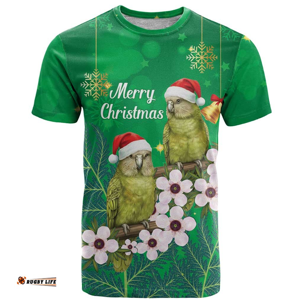New Zealand Kakapo Christmas T Shirt Owl Parrot Santa Sliver Fern Manuka - Green LT14