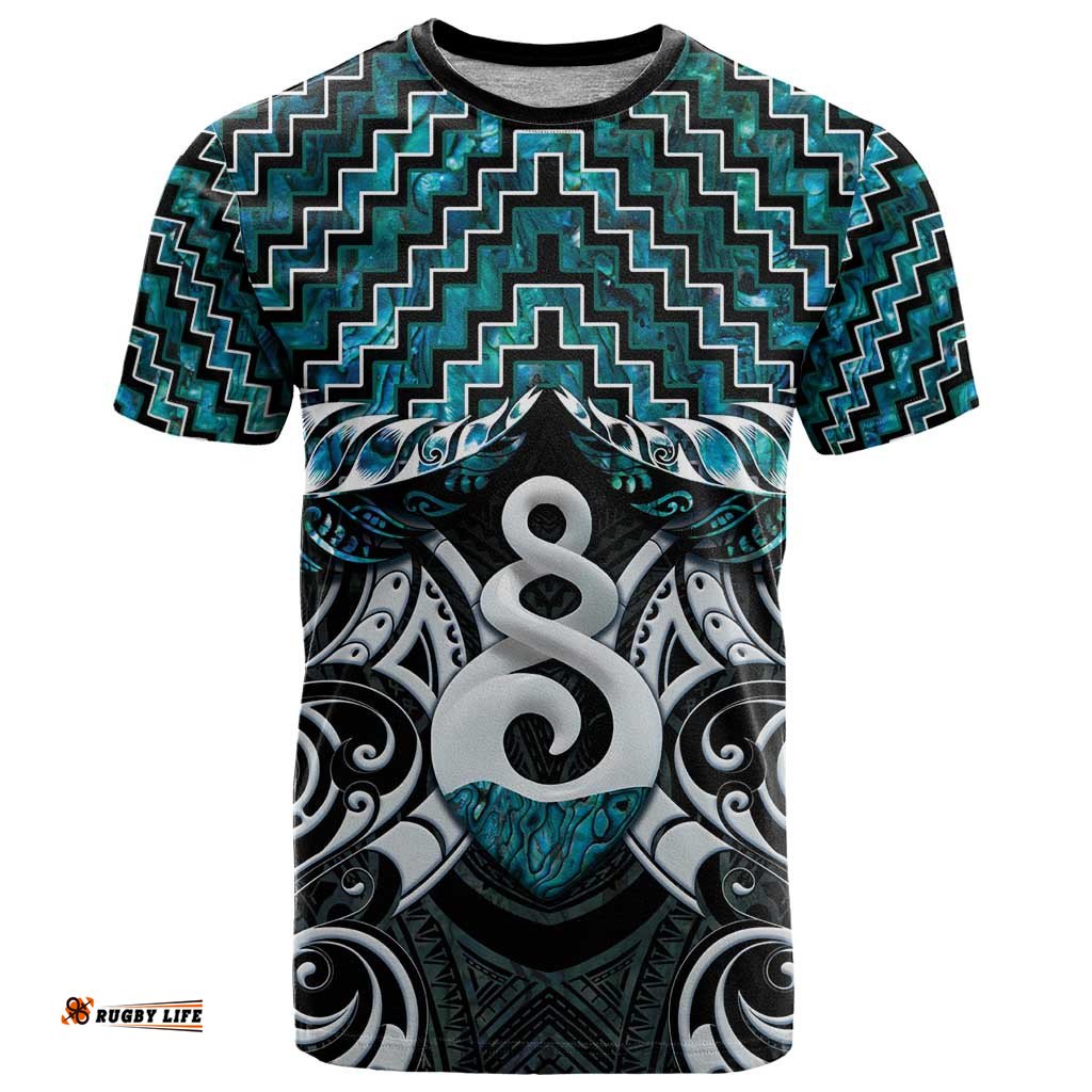 New Zealand Maori T Shirt Poutama Pikorua Turquoise Paua Shell LT05