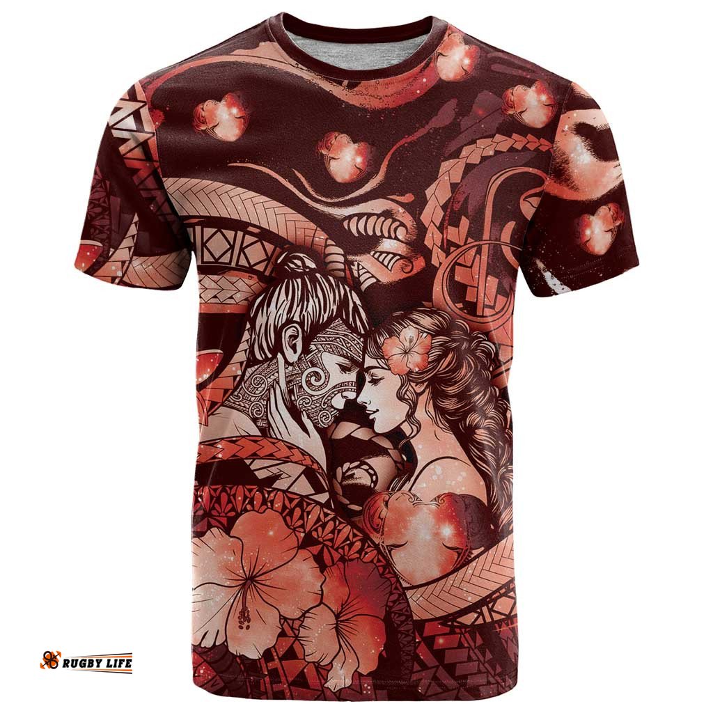 Personalised Maori Romantic Valentine T Shirt The Hongi Kiss Red Galaxy DT05