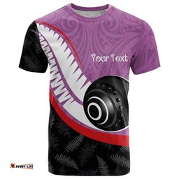 Personalised Aotearoa Lawn Bowls T Shirt Maori and Silver Fern Sporty Style Pink Color LT03