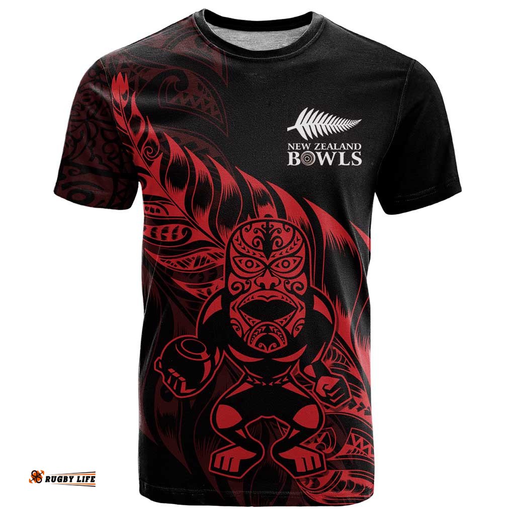 New Zealand Lawn Bowls Custom T Shirt Red Maori Warrior Tribal Silver Fern LT9