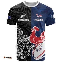 France And New Zealand Rugby Custom T Shirt Les Bleus Rooster With Maori Tiki LT05