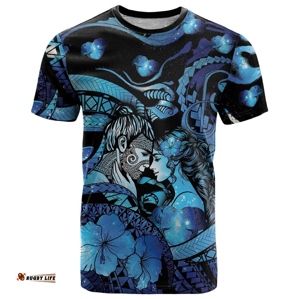 Personalised Maori Romantic Valentine T Shirt The Hongi Kiss Blue Galaxy DT05