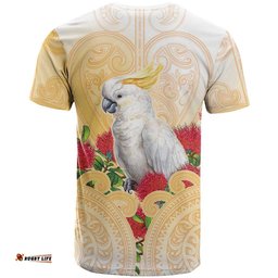 New Zealand Aotearoa Cockatoo T Shirt Maori Pattern With Pohutukawa Flowers LT05
