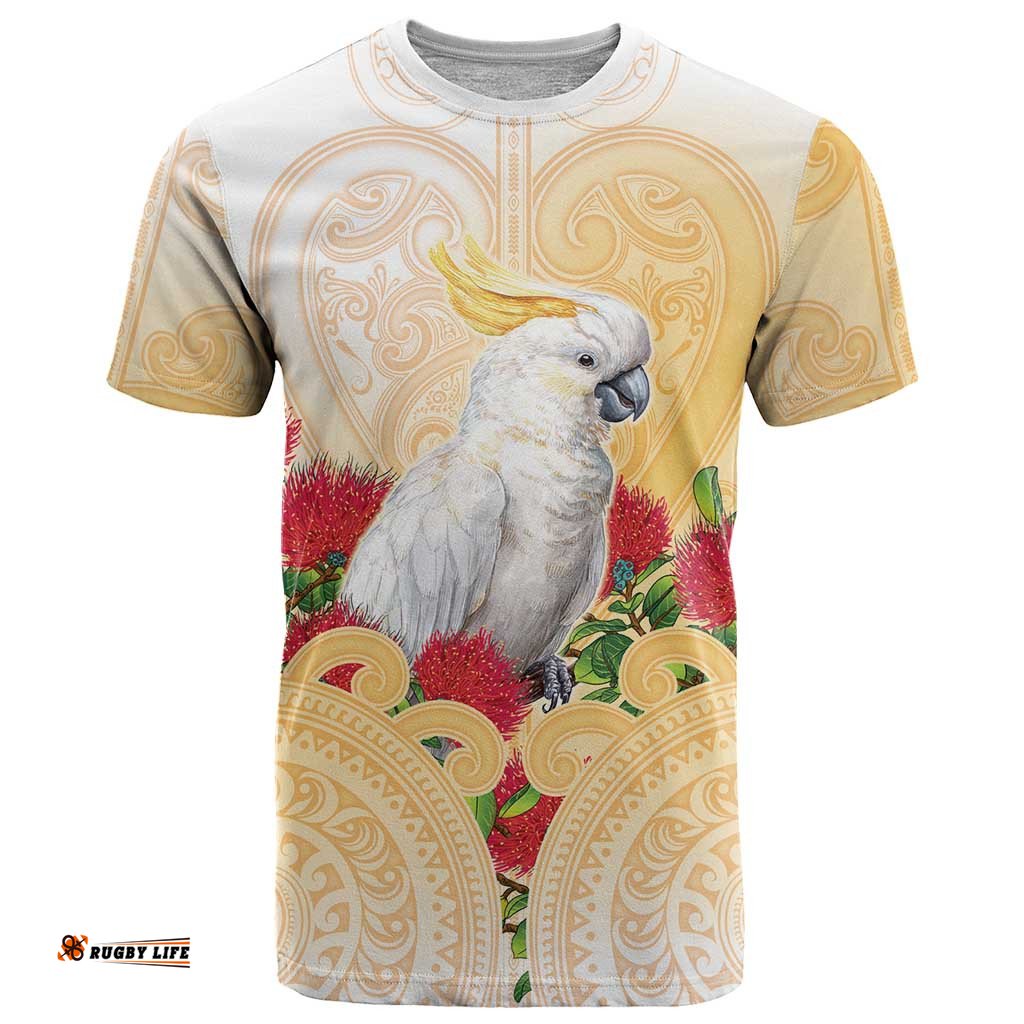 New Zealand Aotearoa Cockatoo T Shirt Maori Pattern With Pohutukawa Flowers LT05