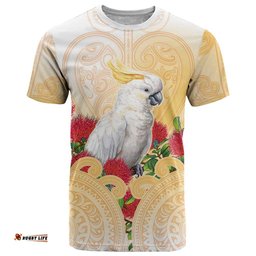 New Zealand Aotearoa Cockatoo T Shirt Maori Pattern With Pohutukawa Flowers LT05