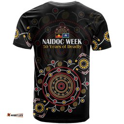 NAIDOC Deadly 50 Years T Shirt Aboriginal Black Gold Boomerang Art LT9