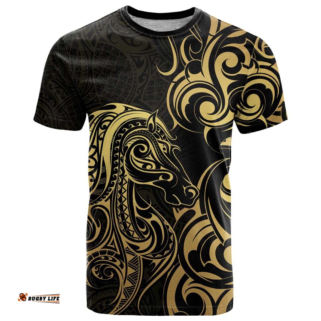 Gold And Black Aoteara Horse Racing T Shirt NZ Maori Pattern LT14