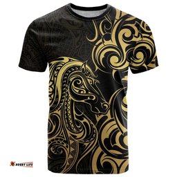 Gold And Black Aoteara Horse Racing T Shirt NZ Maori Pattern LT14
