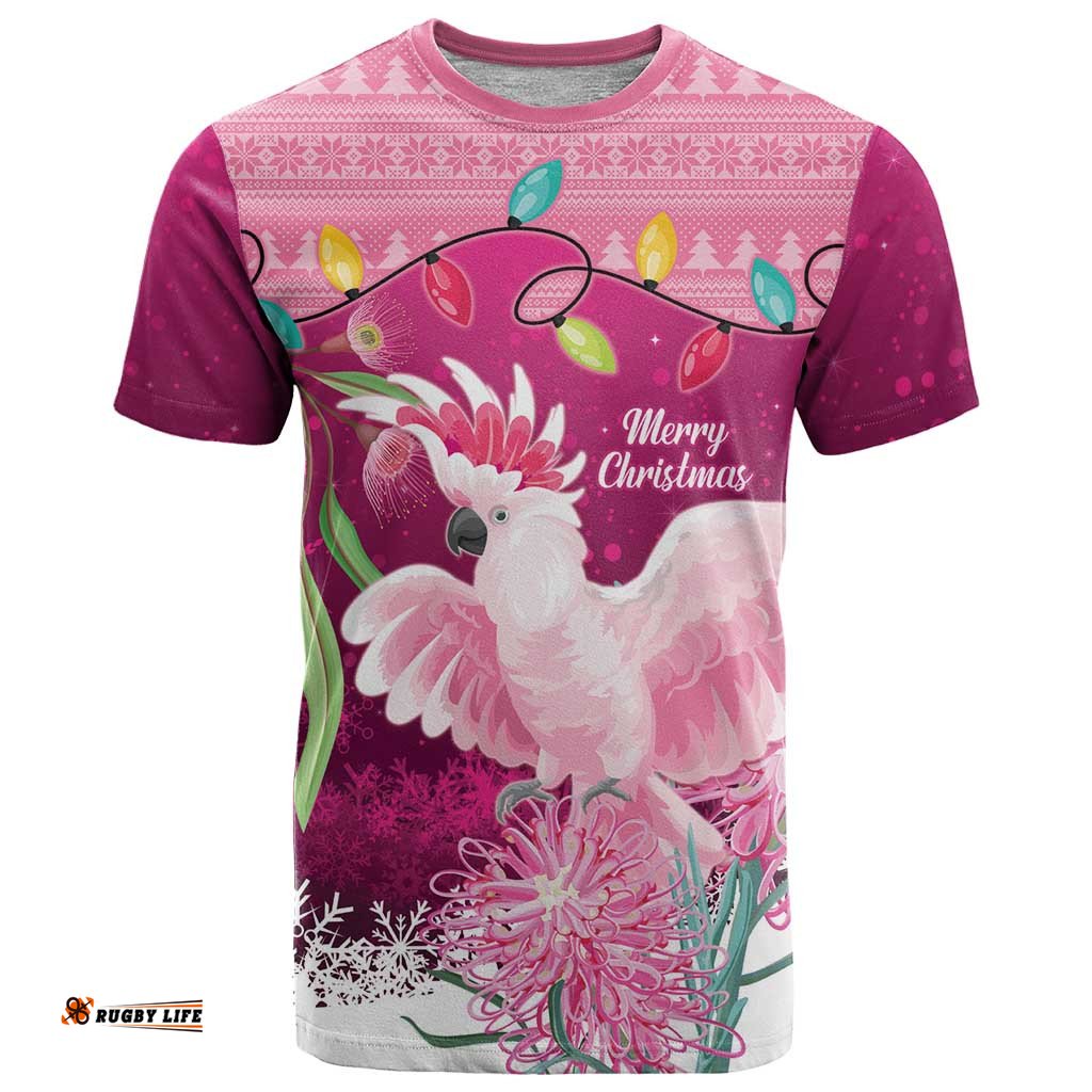 Pink Cockatoo Australia Christmas T Shirt Grevillea Eucalyptus Blossoms LT14