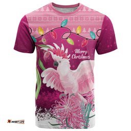 Pink Cockatoo Australia Christmas T Shirt Grevillea Eucalyptus Blossoms LT14
