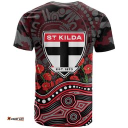 St Kilda Saints ANZAC Day T Shirt Indigenous Dot Art with Poppy Flower Tribute TS04