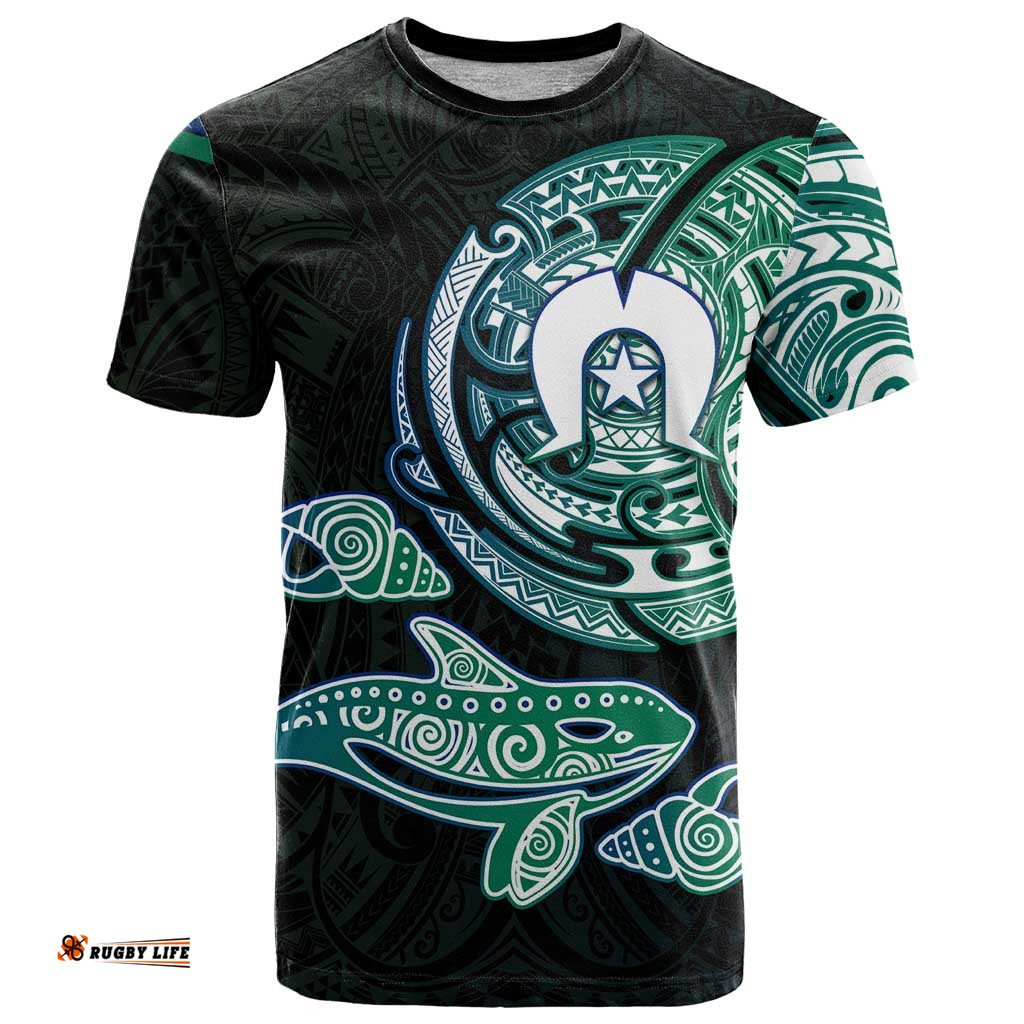 Whale and Dhari Torres Strait Islands T Shirt Deep Green Oceanic Tribal Pattern Art TS04