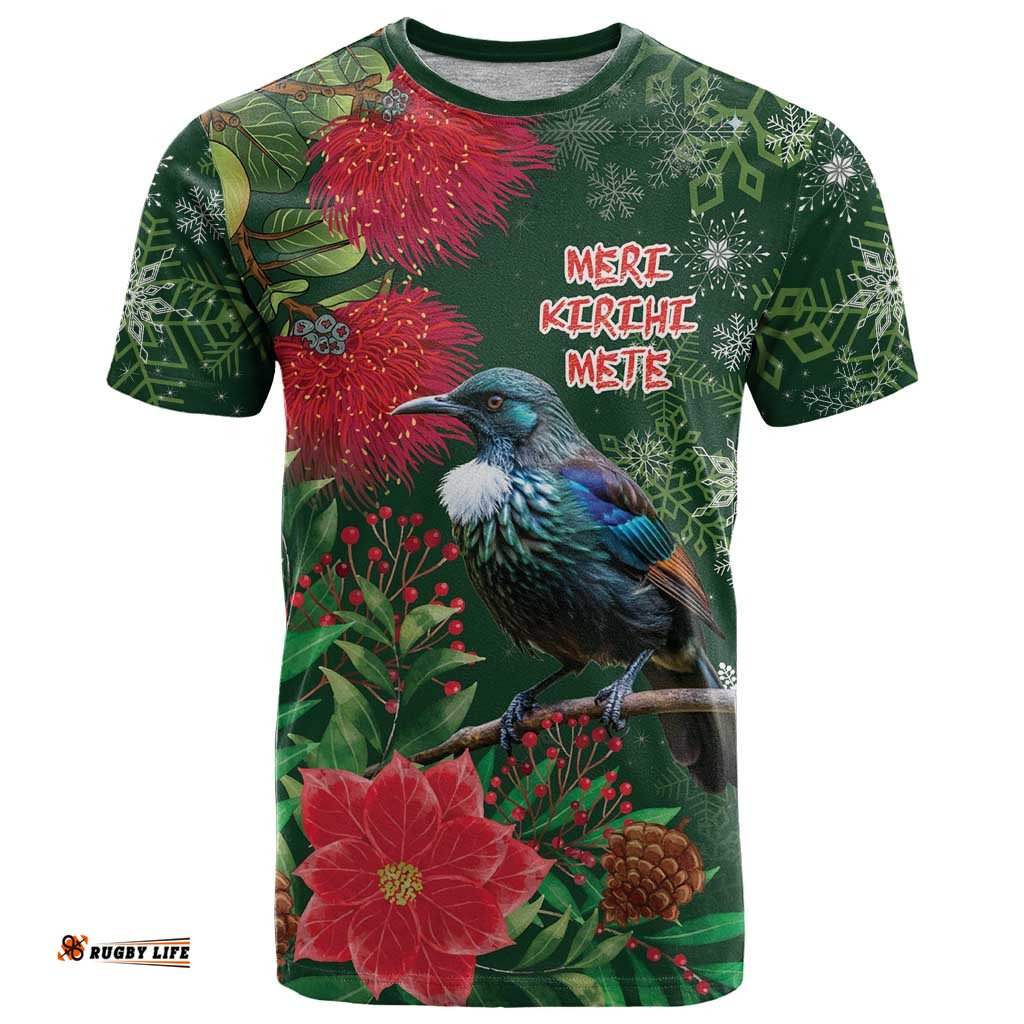 Tui Meri Kirihimete Personalised T Shirt Pohutukawa Flowers Green Motif LT9