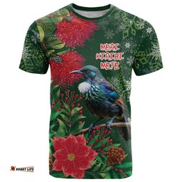 Tui Meri Kirihimete Personalised T Shirt Pohutukawa Flowers Green Motif LT9