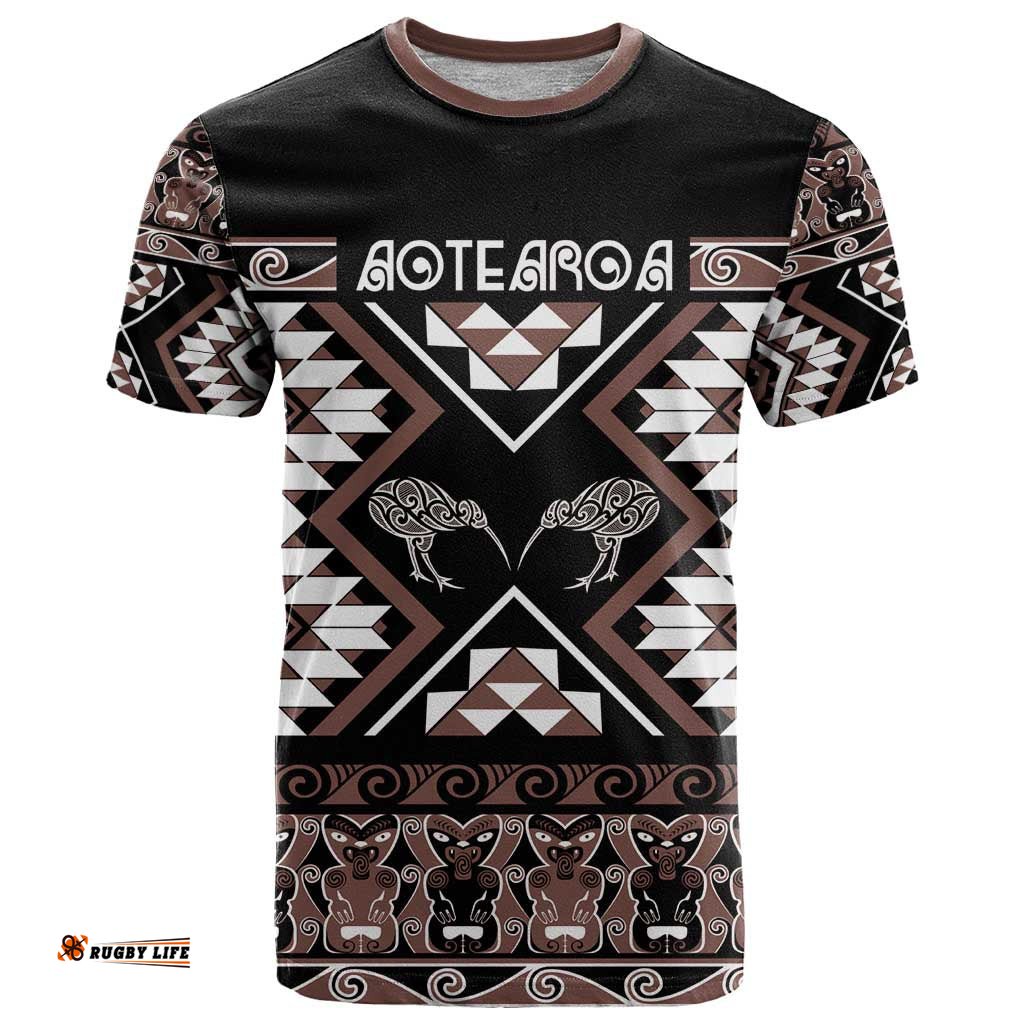 Personalised Taniko Motifs Aotearoa T Shirt Waitangi Kowhaiwhai Kiwi - Mocha LT7