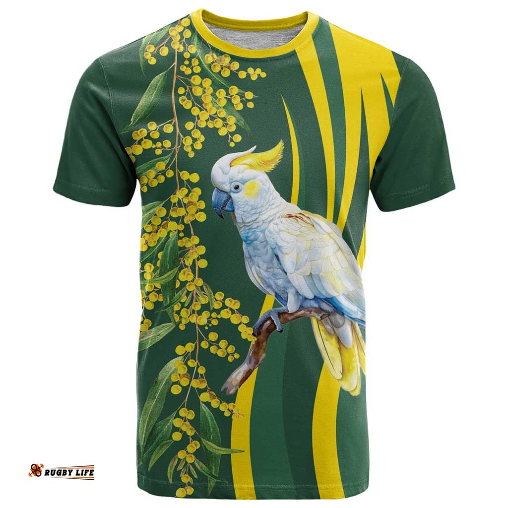 White Cockatoo and Golden Wattle T Shirt Australian Native Bird LT9