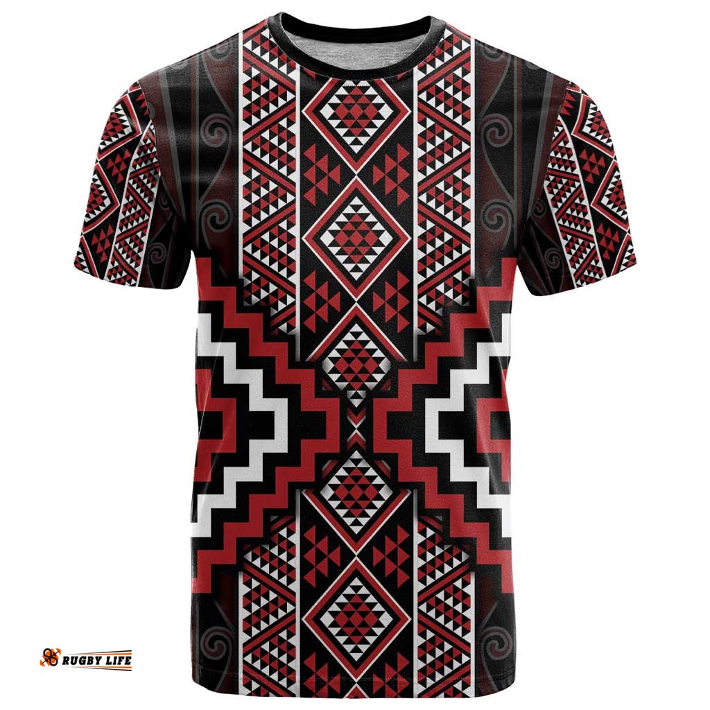 Red Tukutuku Pattern Aotearoa T Shirt Niho Taniwha and Puhoro Motifs LT7