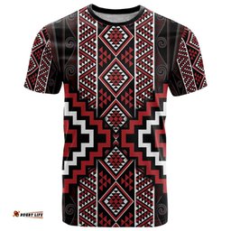 Red Tukutuku Pattern Aotearoa T Shirt Niho Taniwha and Puhoro Motifs LT7