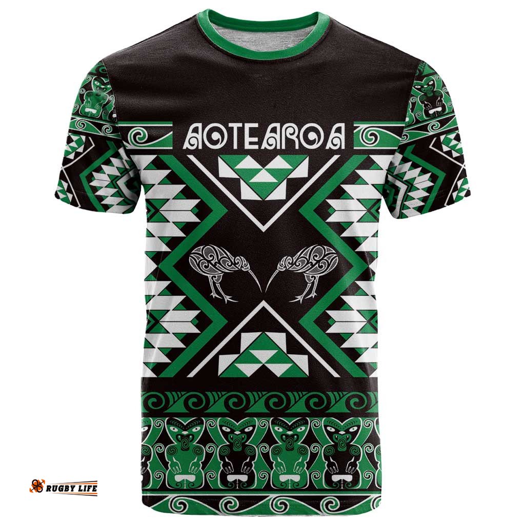 Personalised Taniko Motifs Aotearoa T Shirt Waitangi Kowhaiwhai Kiwi - Green LT7