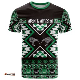 Personalised Taniko Motifs Aotearoa T Shirt Waitangi Kowhaiwhai Kiwi - Green LT7